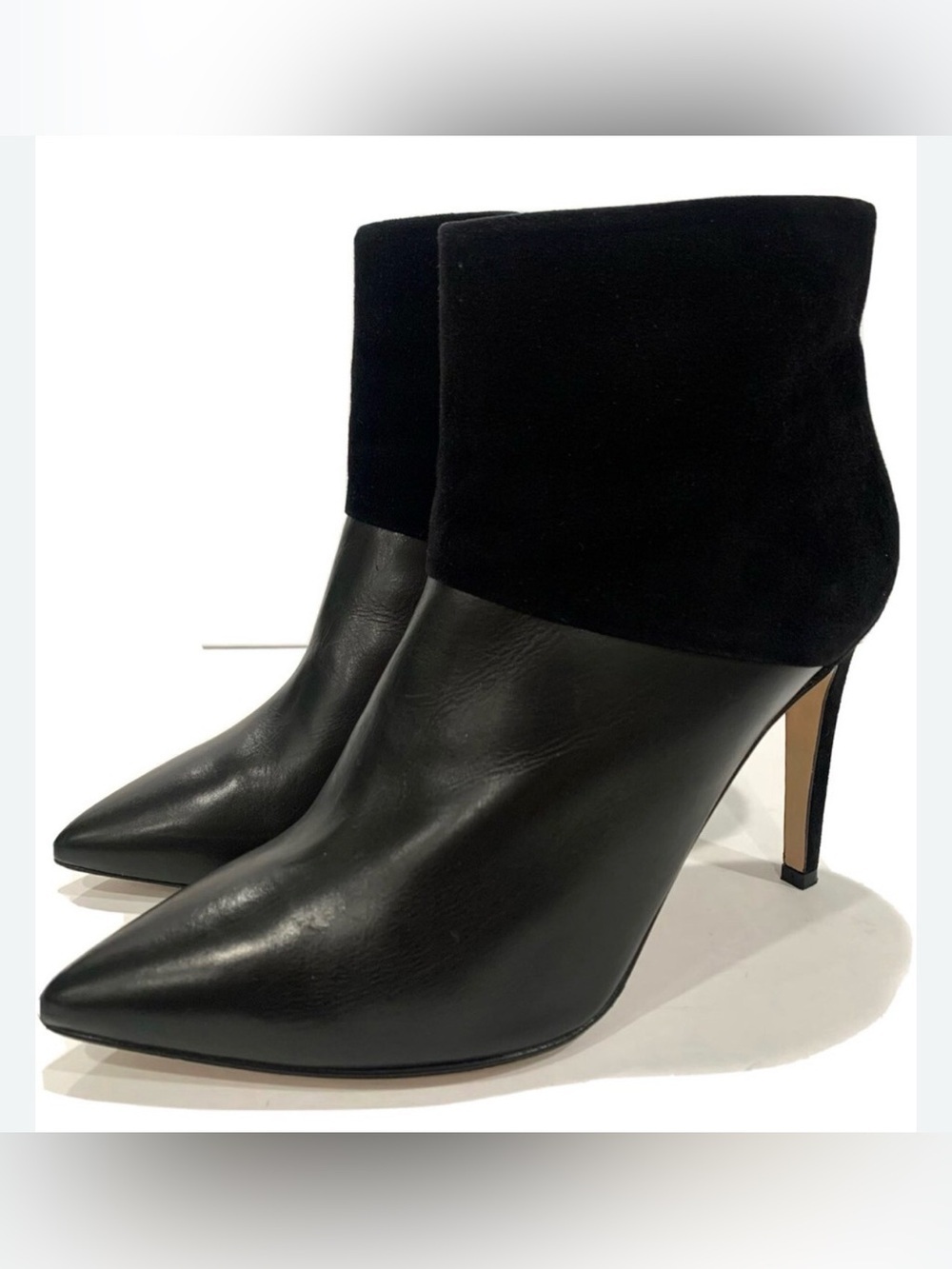 J. Crew Black Leather Pointed-Toe Ankle Booties with Suede Collar